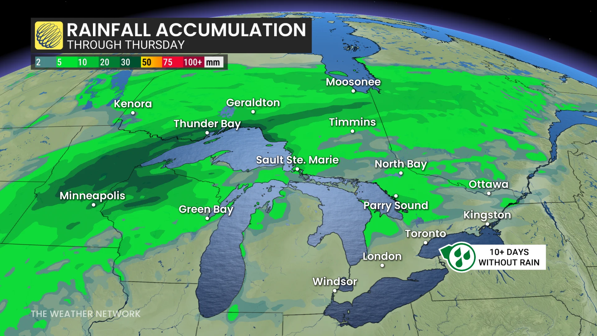 Ontario forecast rainfall totals through Thursday - Oct. 27, 2026