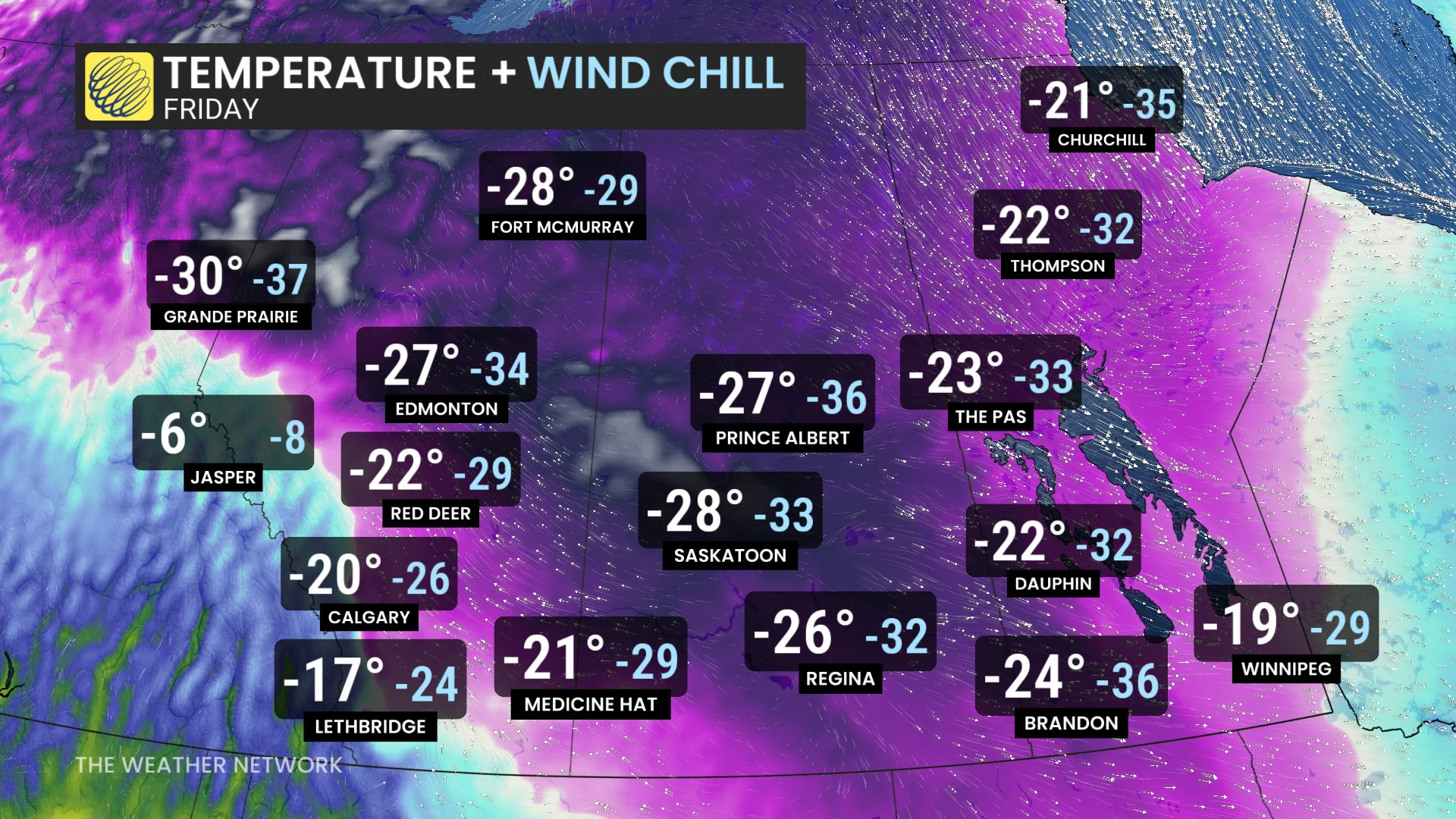 Prairies temperatures and wind chills Friday