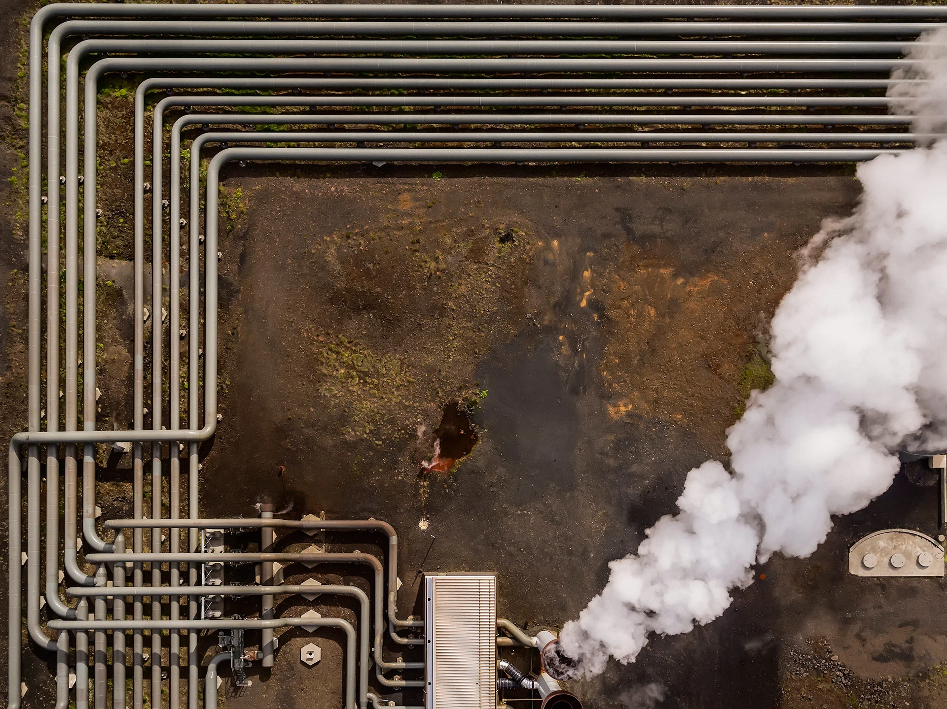 Aerial view of the steaming pipes at the Hellisheidi Geothermal Plant in Iceland. (Arctic-Images/ Stone/ Getty Images)