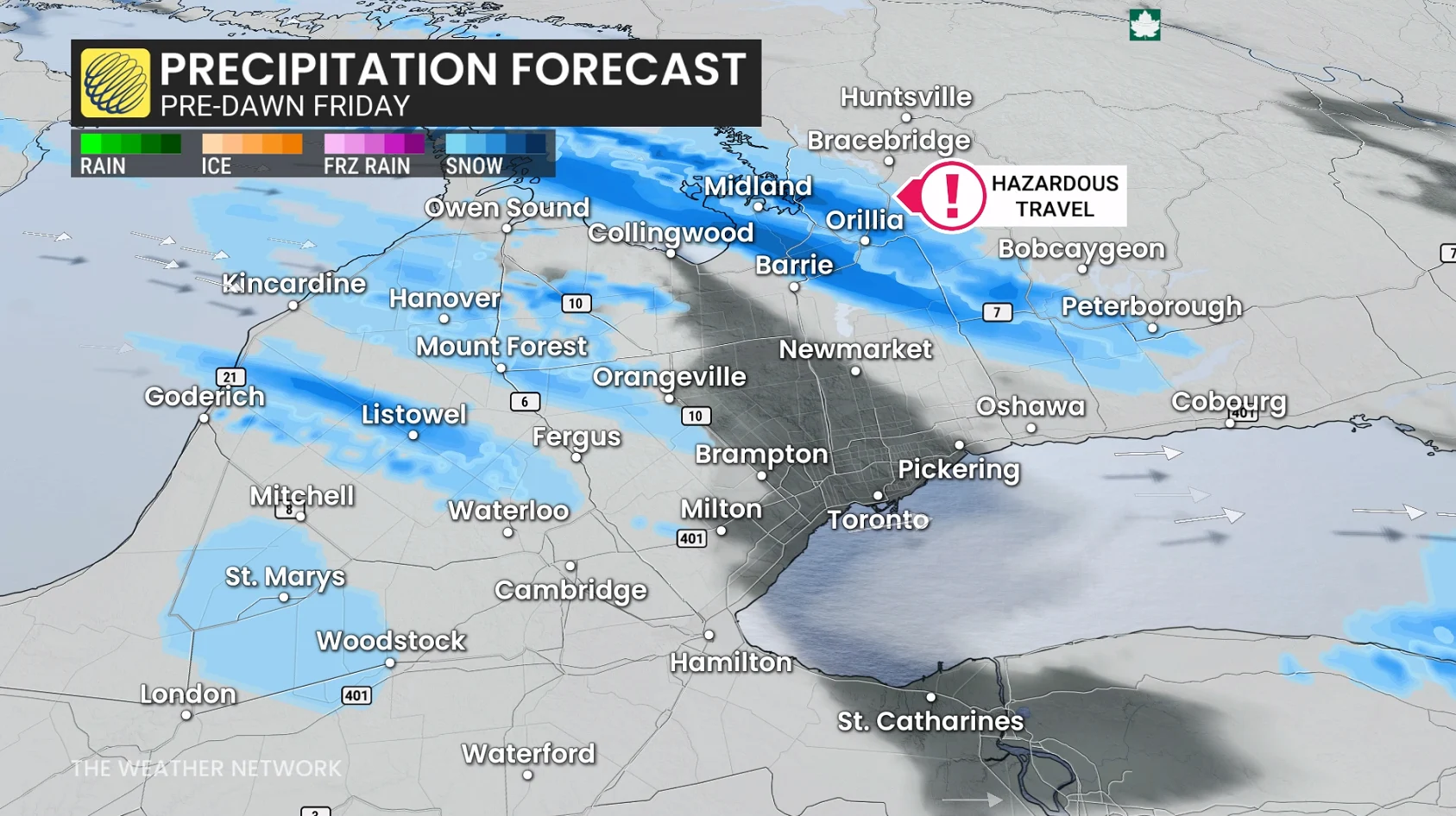 Ontario precipitation timing pre-dawn Friday morning