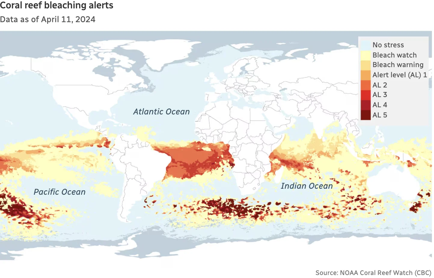 CBC: Coral reef bleaching alerts. Data as of April 11, 2024.