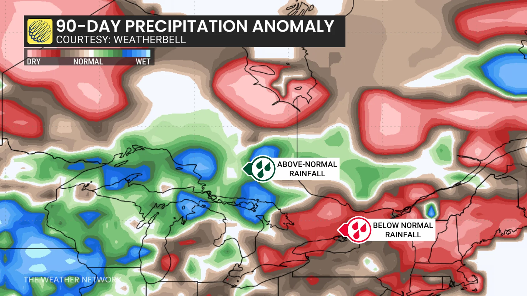 90-day precipitation anomaly Ontario