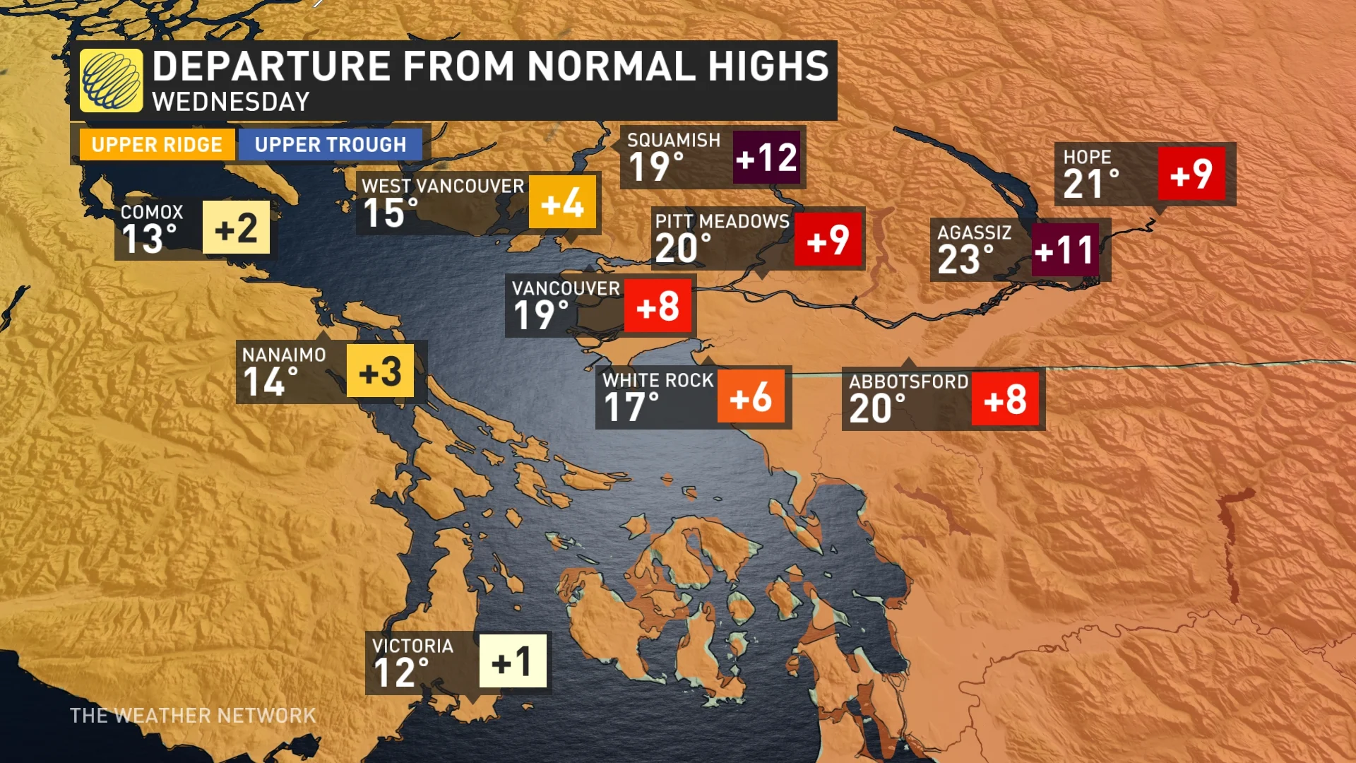 Wednesday B.C. temperature departure from normal highs