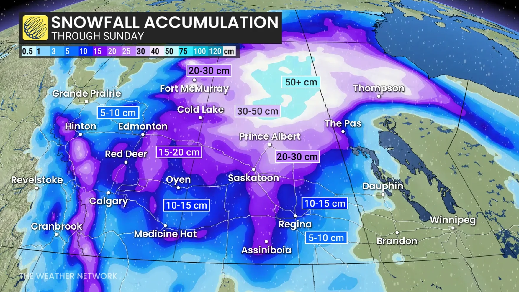 Prairies snowfall outlook through Sunday