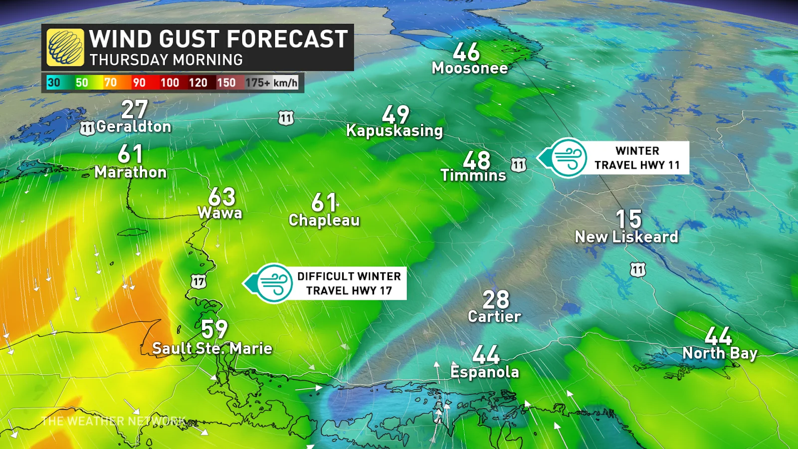 Northeastern Ontario forecast wind gusts Thursday - March 17, 2025