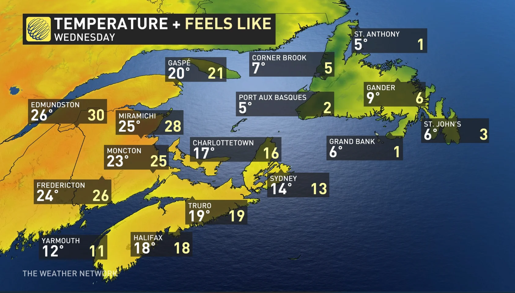 Atlantic Canada temperatures Wednesday