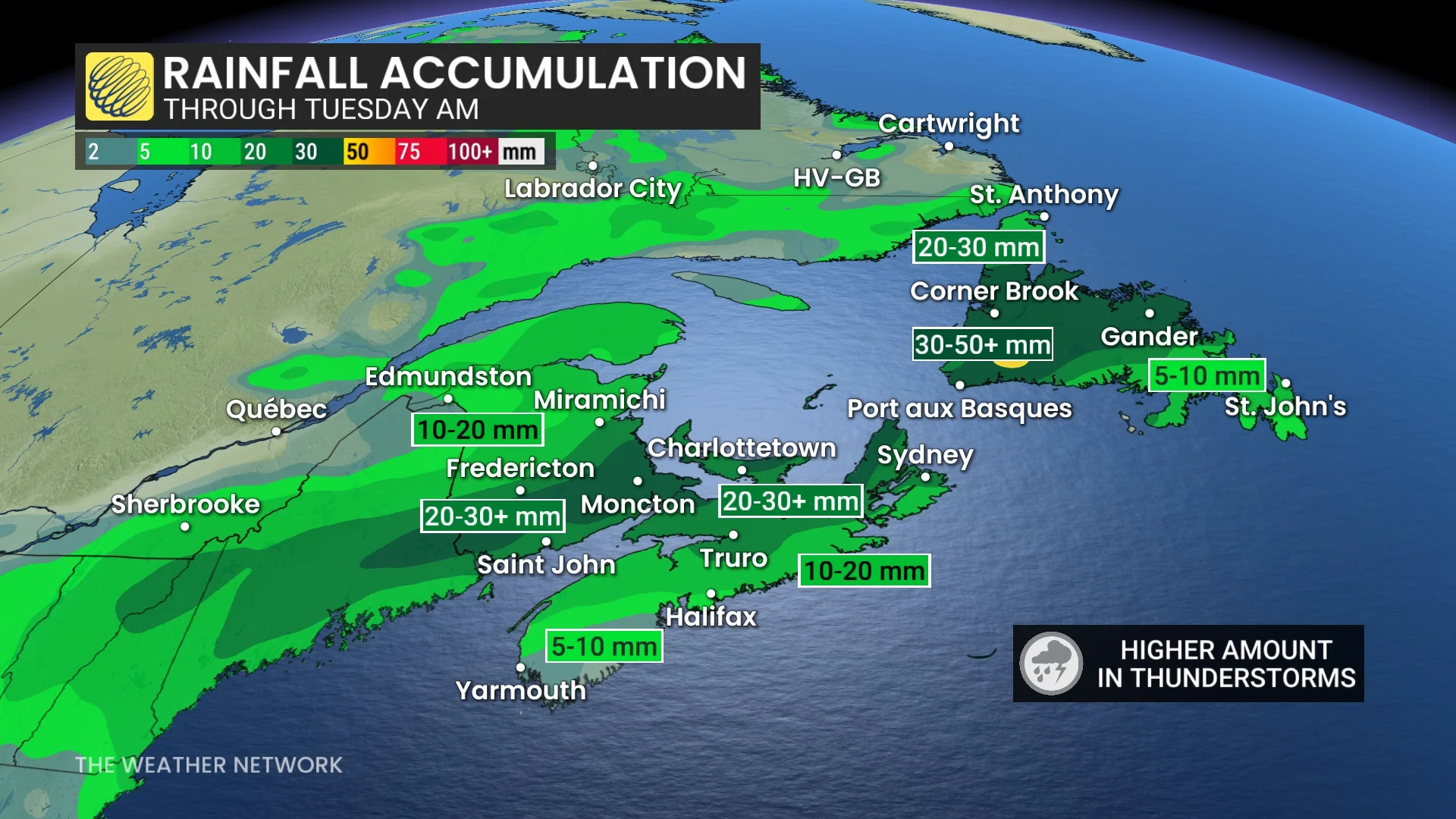 Atlantic Canada rainfall through Tuesday morning