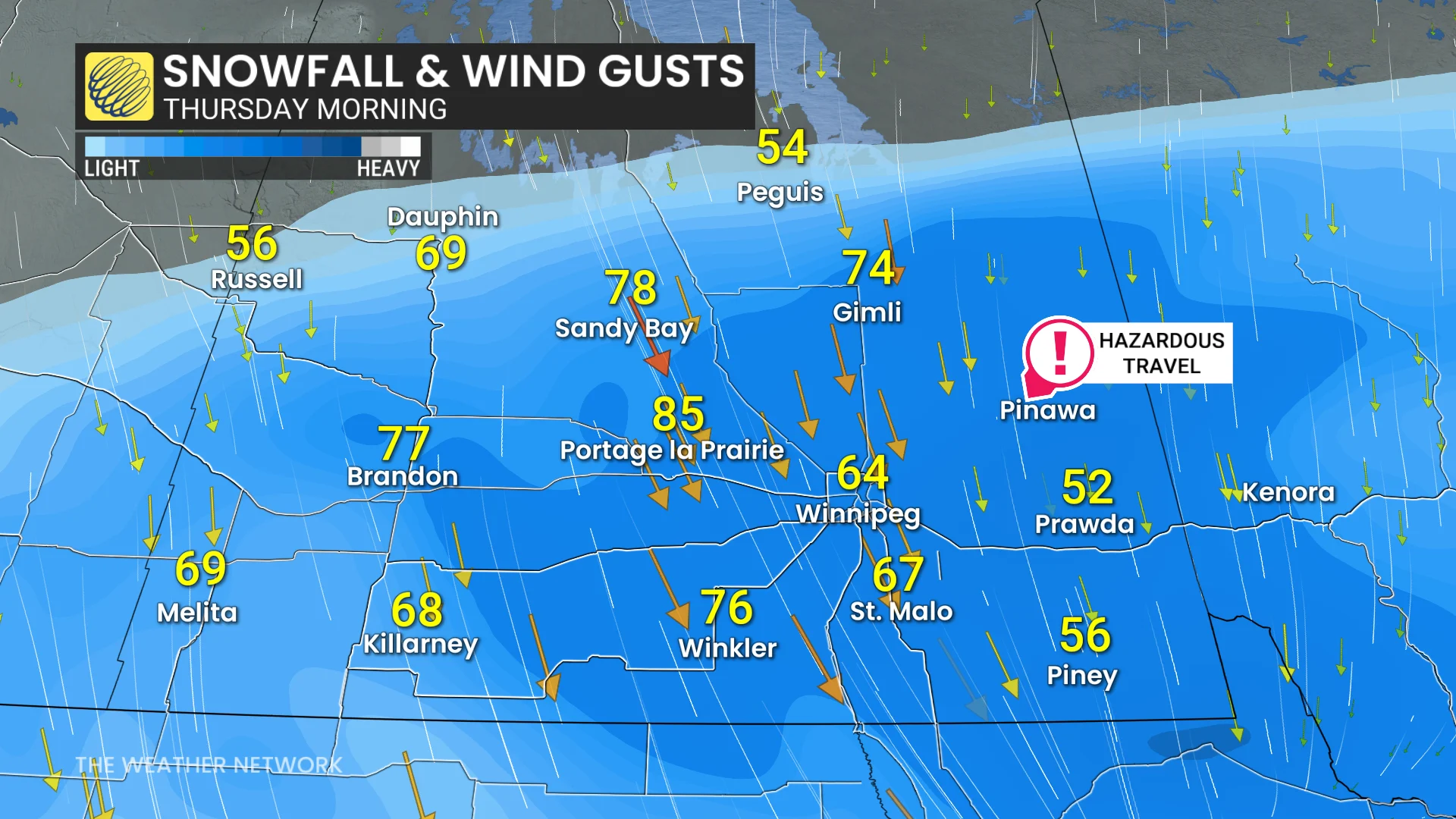 Manitoba wind gusts and snow Thursday morning