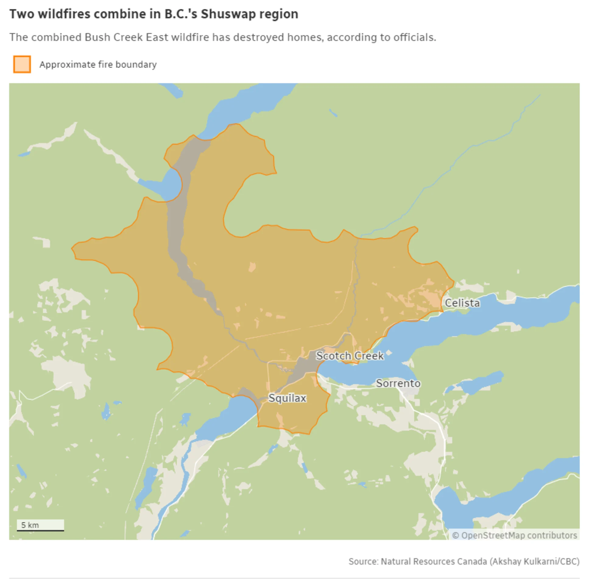 CBC - two wildfires combine in BCs shuswap region