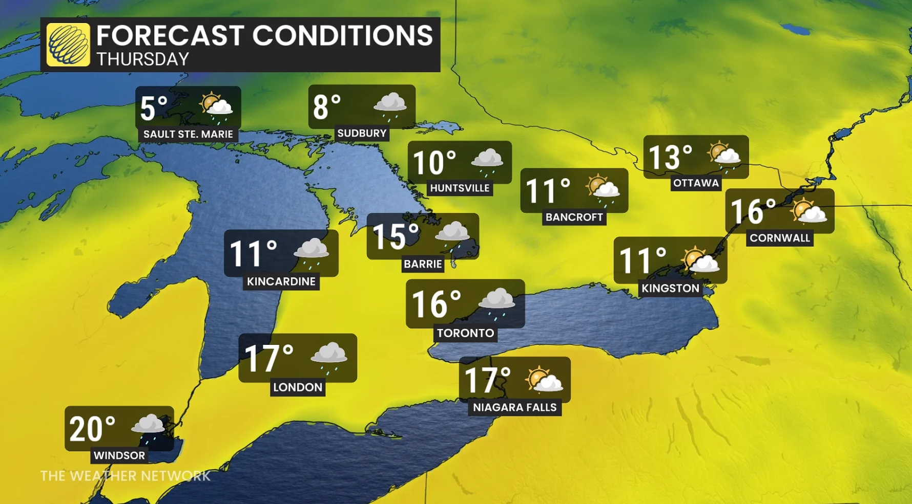 Ontario temperatures and icons Thursday