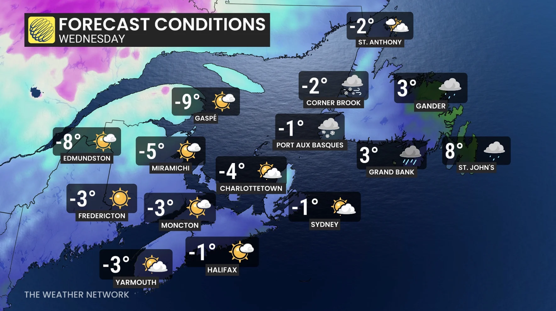 Atlantic Canada Wednesday temperatures and icons