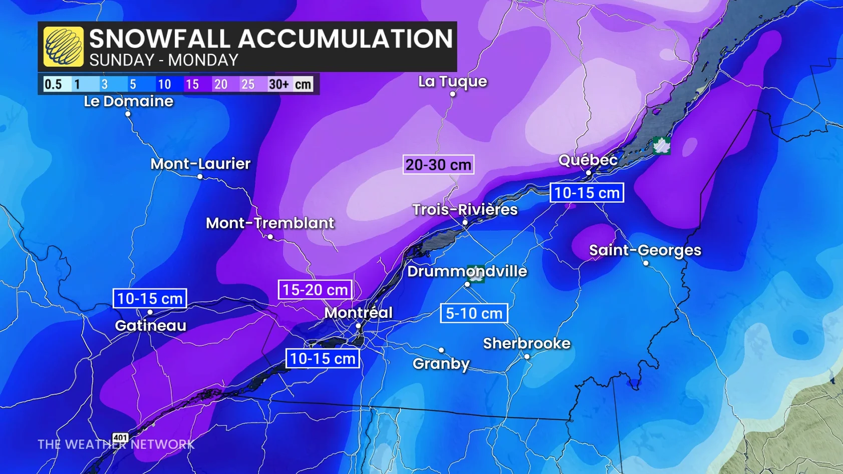 Quebec snowfall accumulation Sunday to Monday