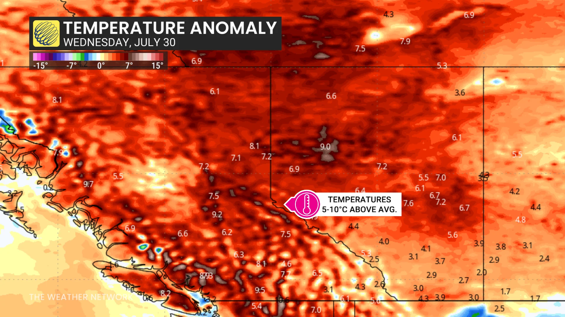 Western Canada temperature anomaly, Wednesday, July 30