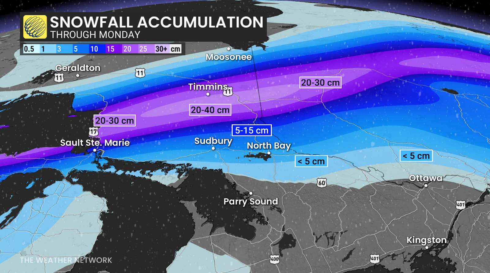 Northeastern Ontario additional snowfall forecast through Monday - March 30, 2025