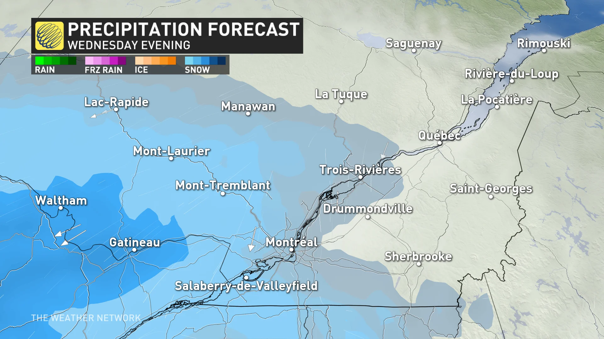 Precipitation timing Quebec Wednesday evening