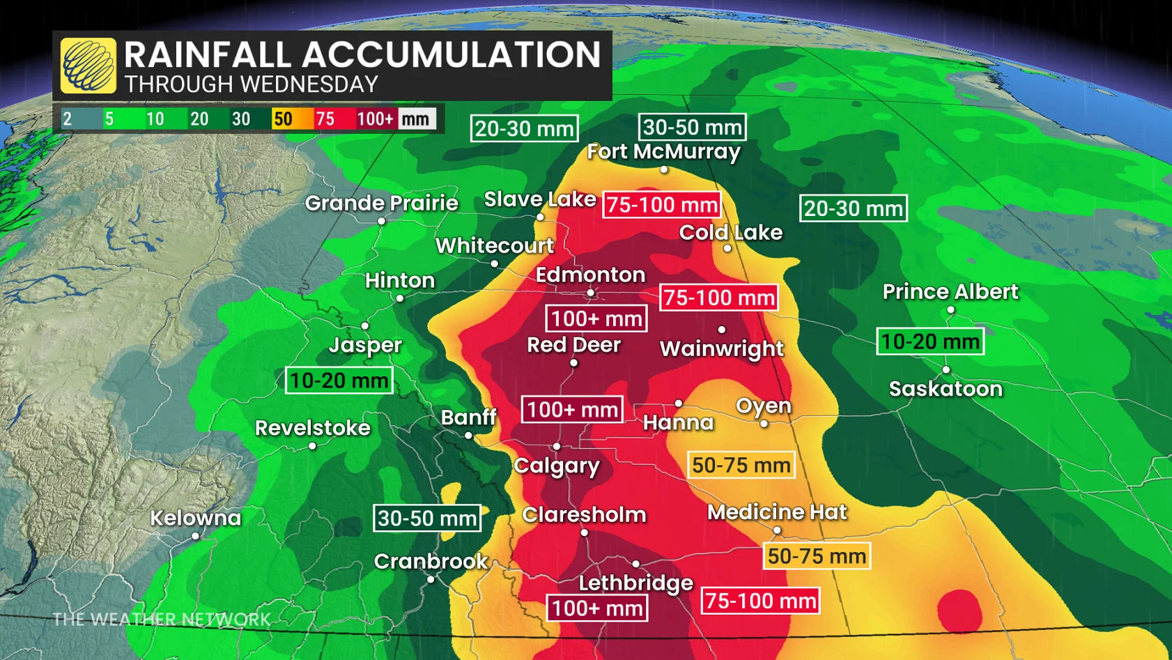 Alberta rainfall through Wednesday