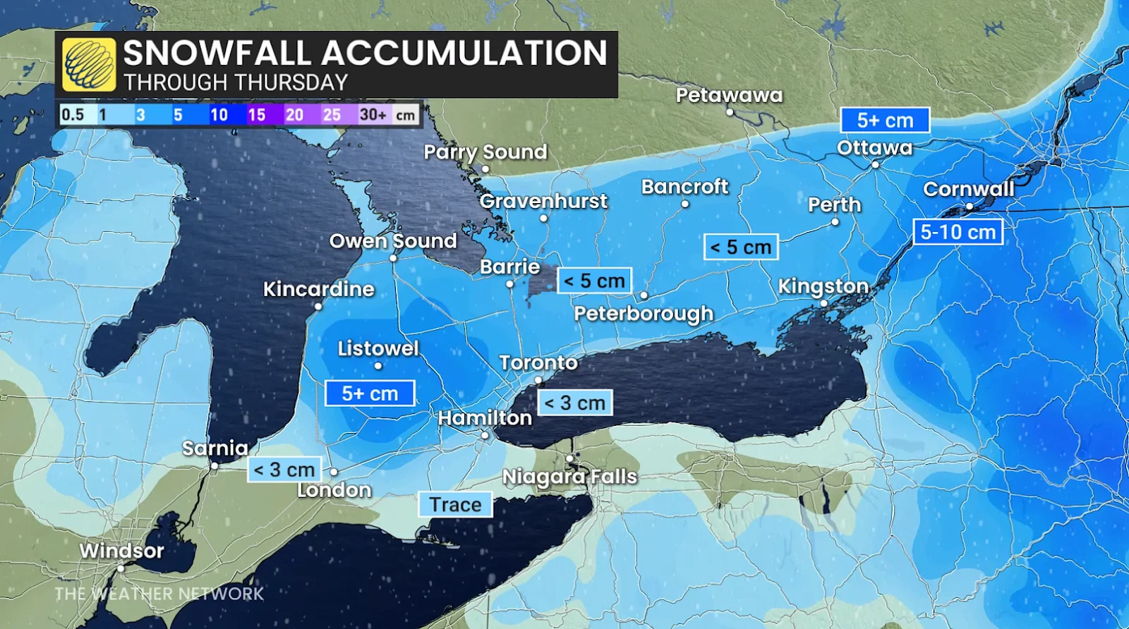 Southern and eastern Ontario forecast snowfall accumulation through Thursday - Feb. 26, 2025