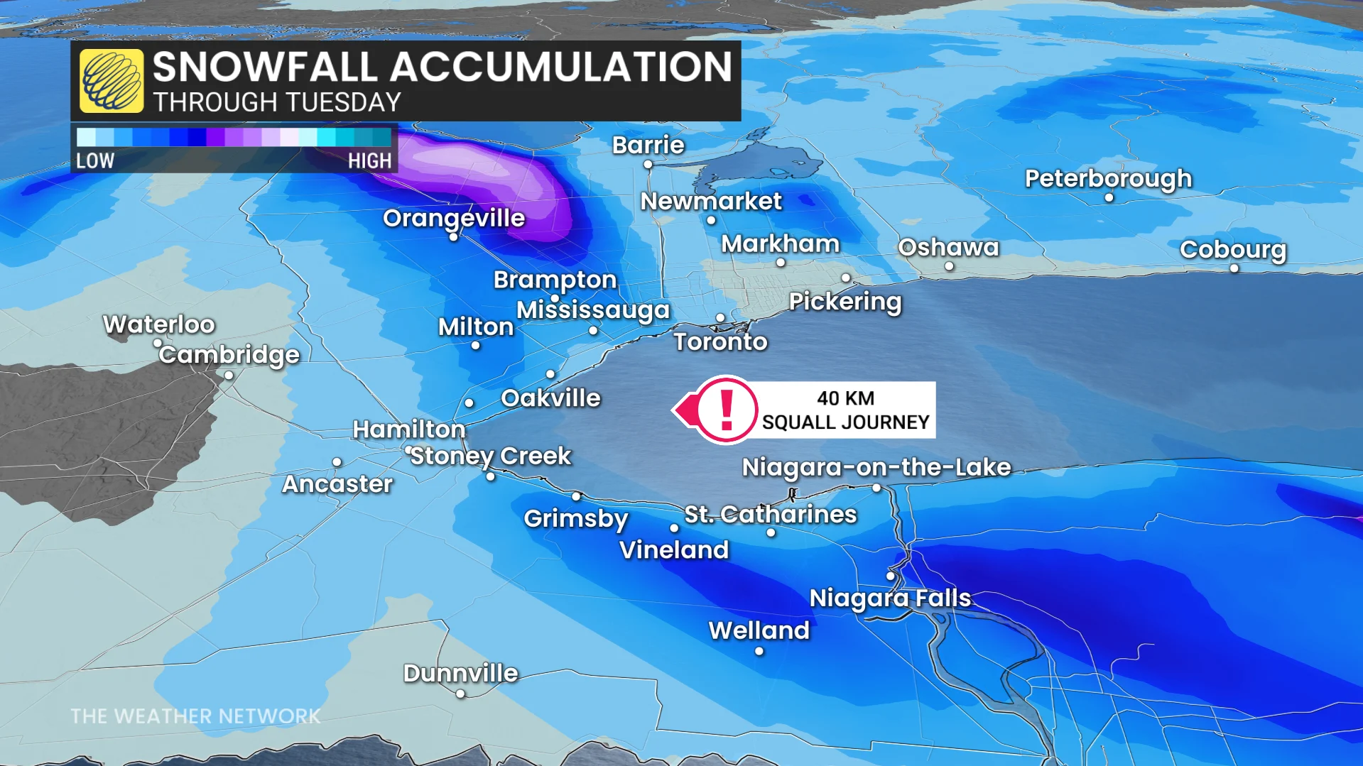 Ontario snowfall accumulation through Tuesday