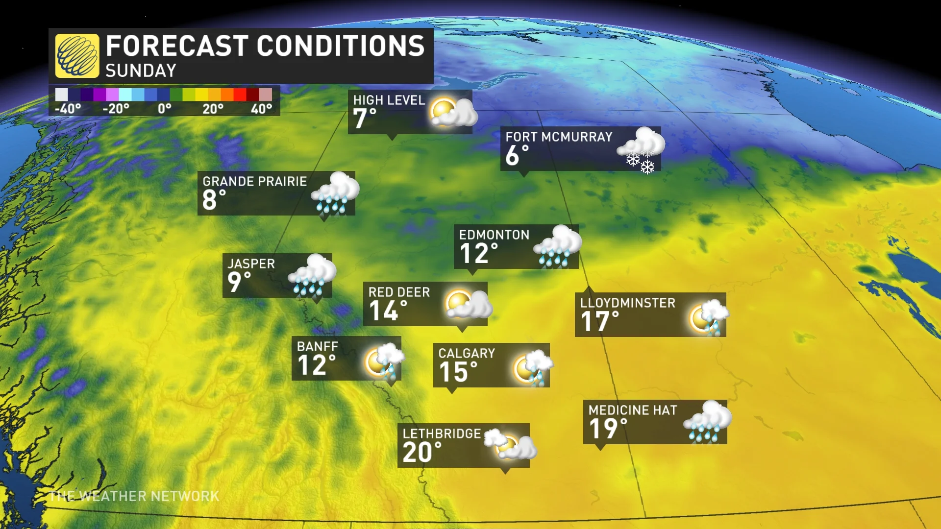 Alberta forecast conditions and temperatures Sunday
