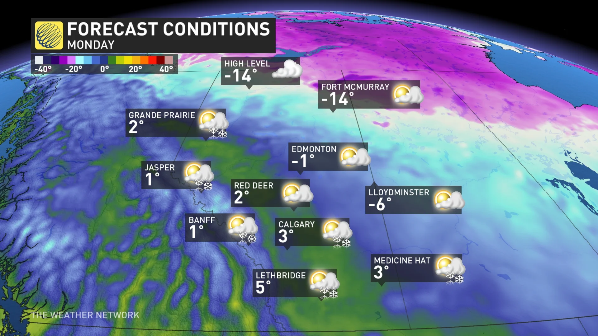 Alberta Monday temperatures and icons