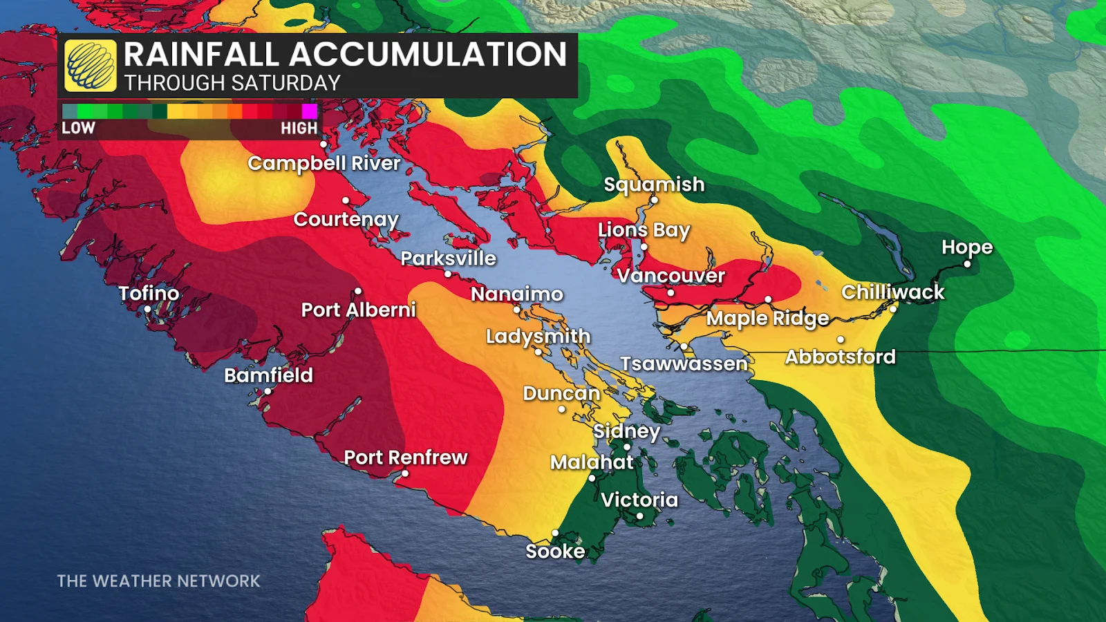 B.C. South Coast forecast rainfall accumulation through Saturday - Feb. 18, 2025