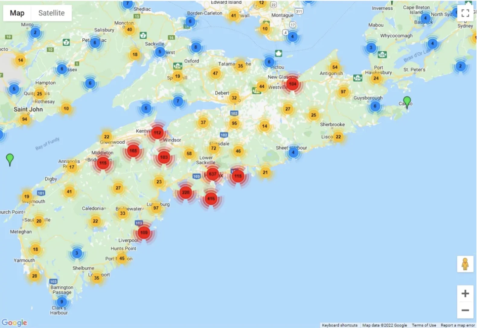 A map of Nova Scotia on the eTick app in May 2022 shows areas where ticks were reported. (eTick)