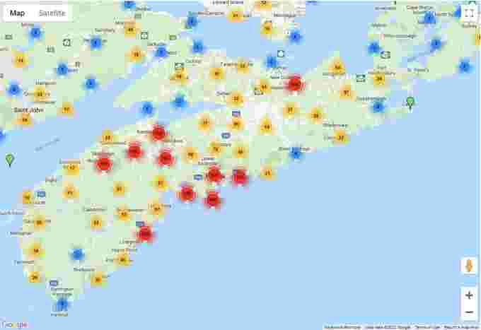 A map of Nova Scotia on the eTick app in May 2022 shows areas where ticks were reported. (eTick)