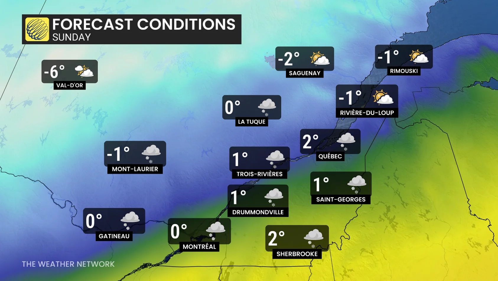 Quebec Sunday forecast conditions and temperatures