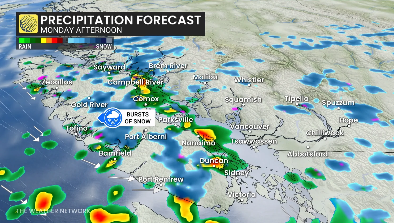 B.C. precipitation timing Monday afternoon