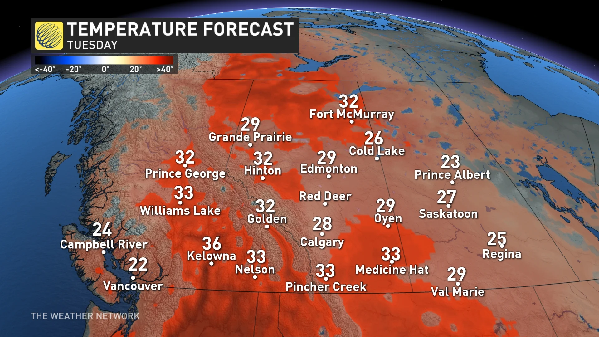 Western Canada temperature forecast Tuesday