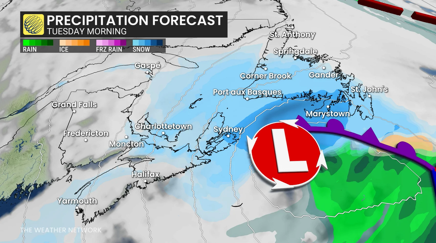 Atlantic Canada precipitation timing Tuesday morning