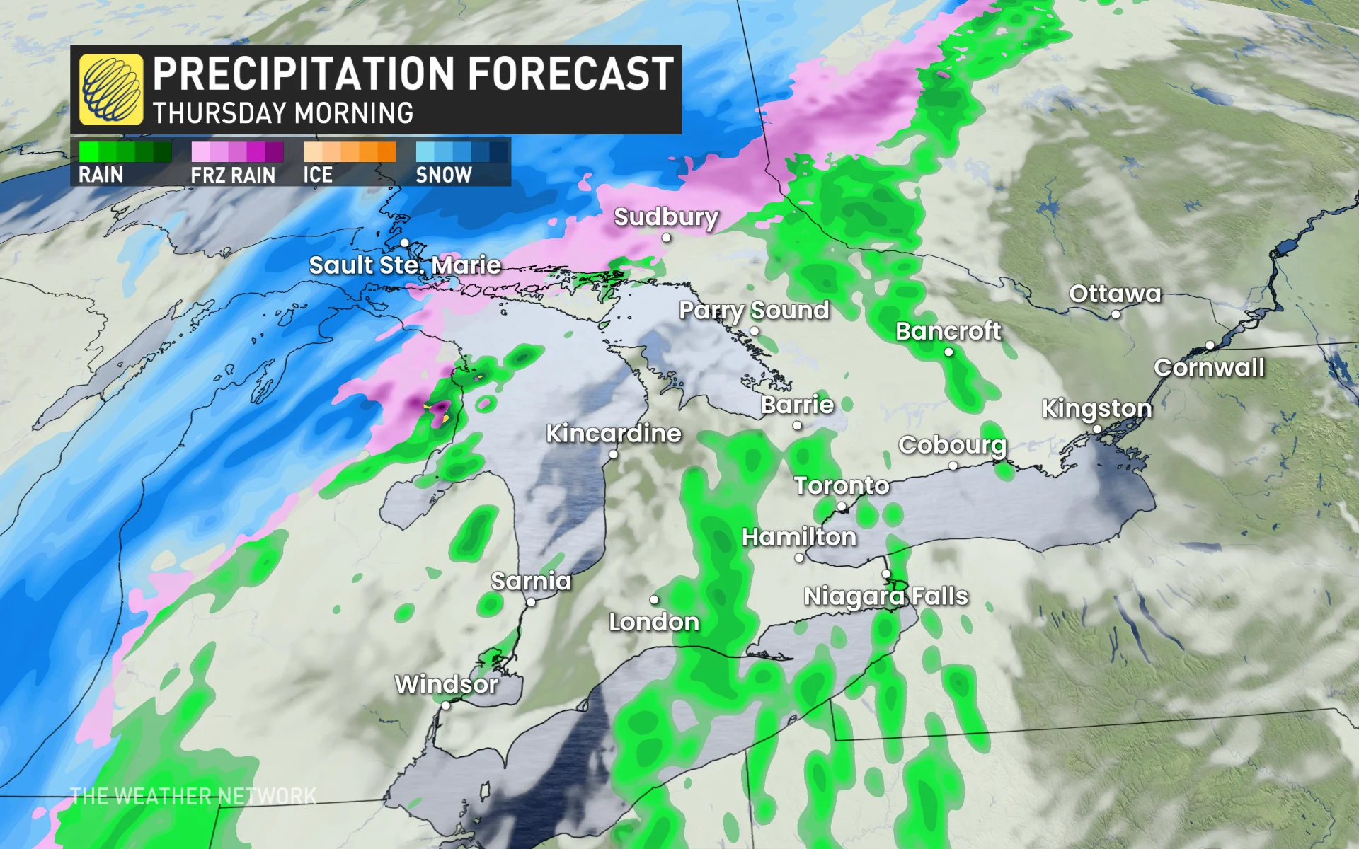 Ontario precipitation timing Thursday morning