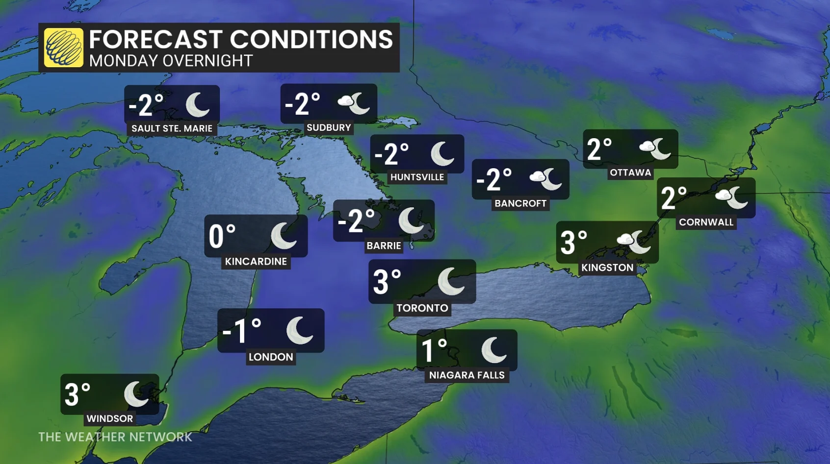 Southern Ontario temperature Monday overnight