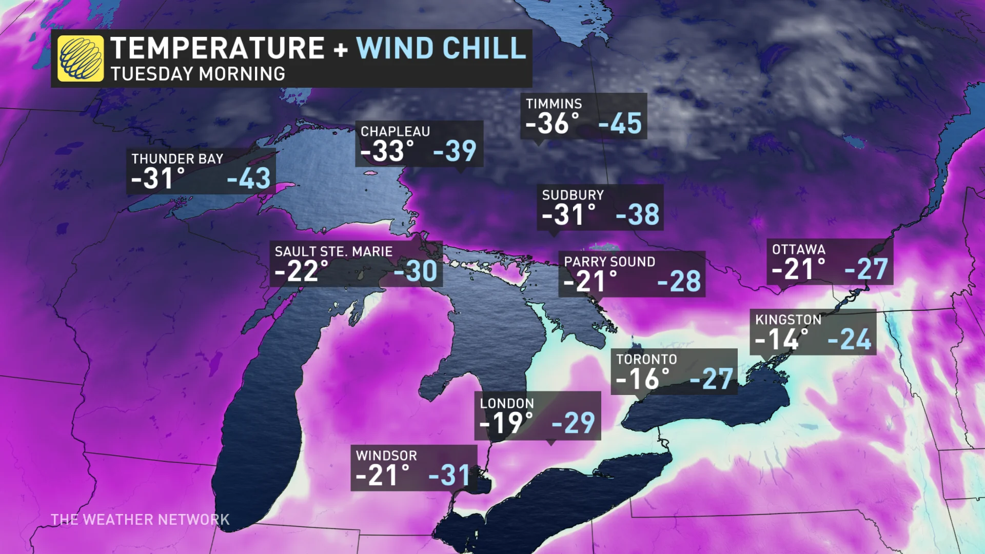 Baron - Ontario Tuesday morning temperatures and wind chill - Jan20