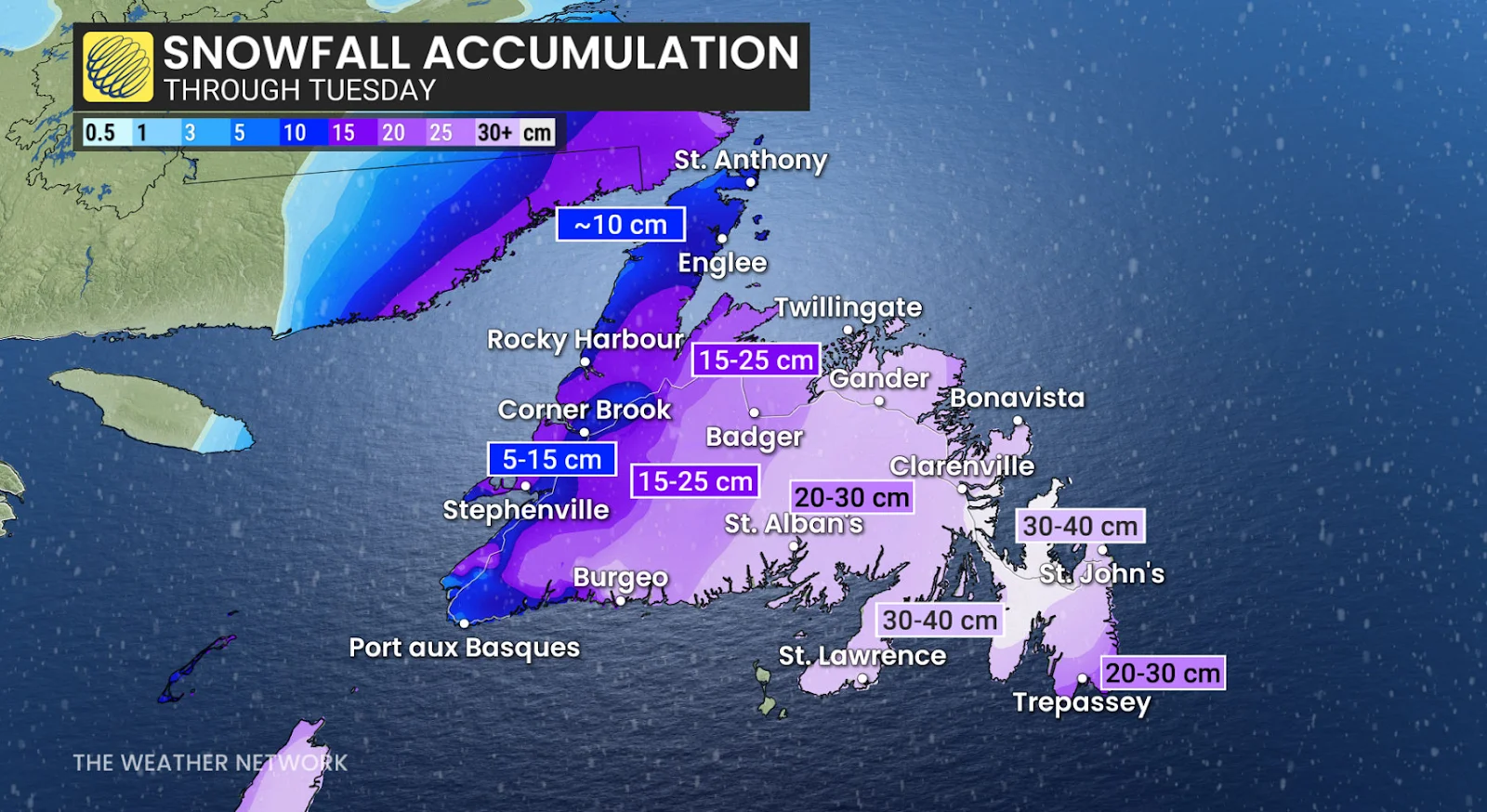 Newfoundland snowfall outlook through Tuesday