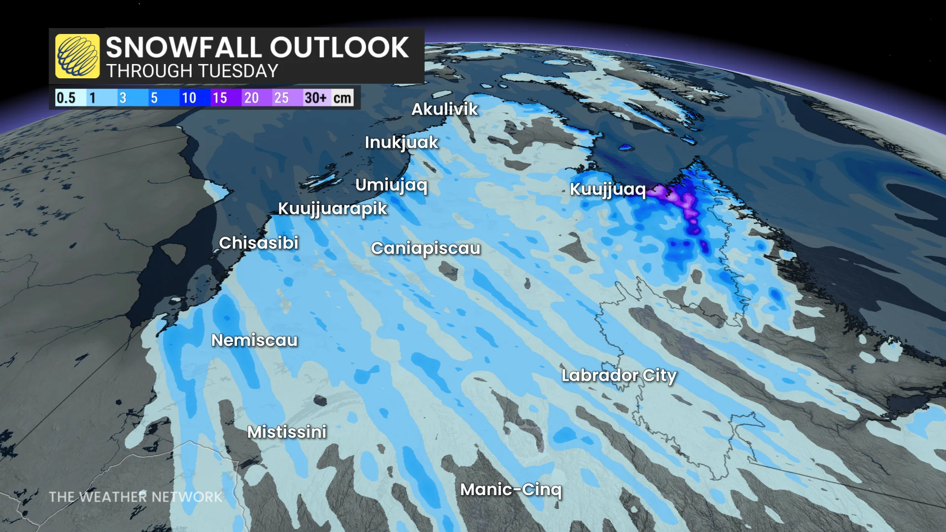 Quebec snowfall map through Tuesday