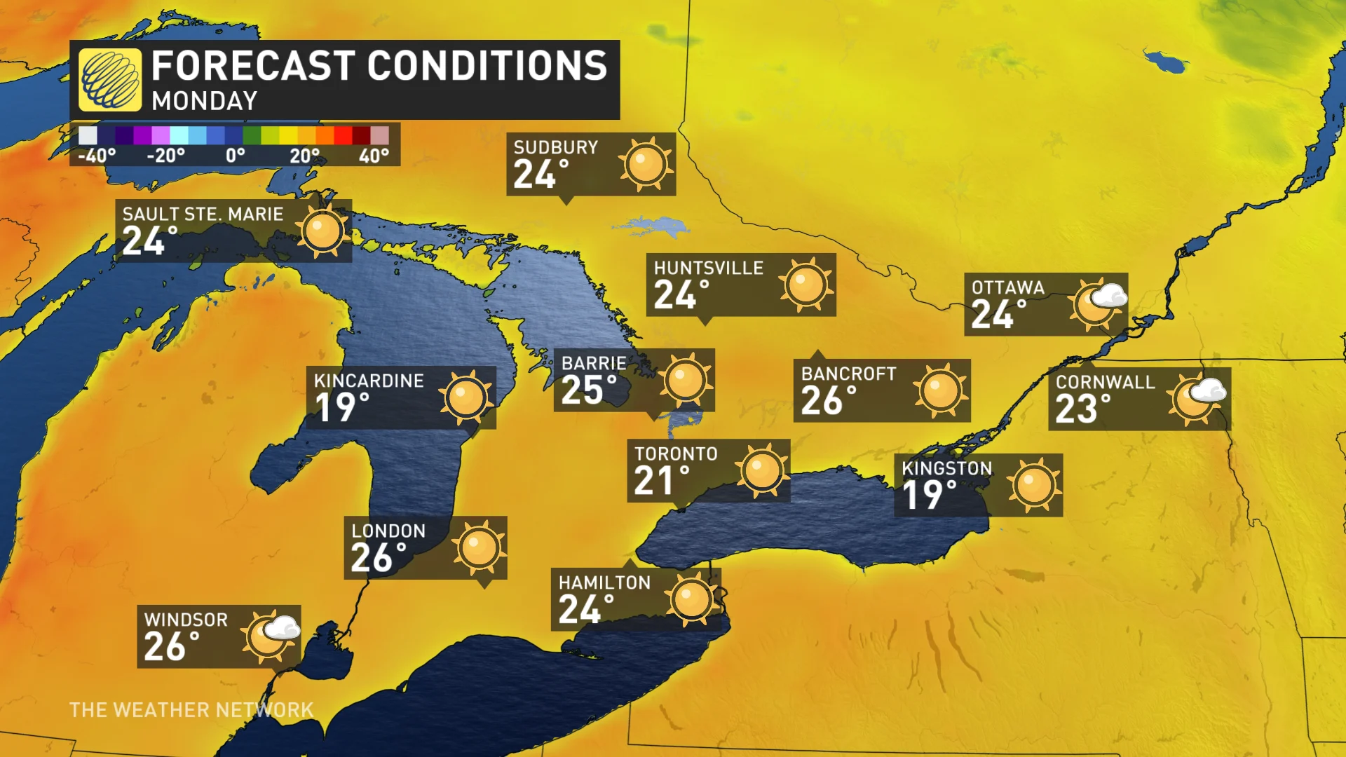 Ontario Monday temperatures and icons