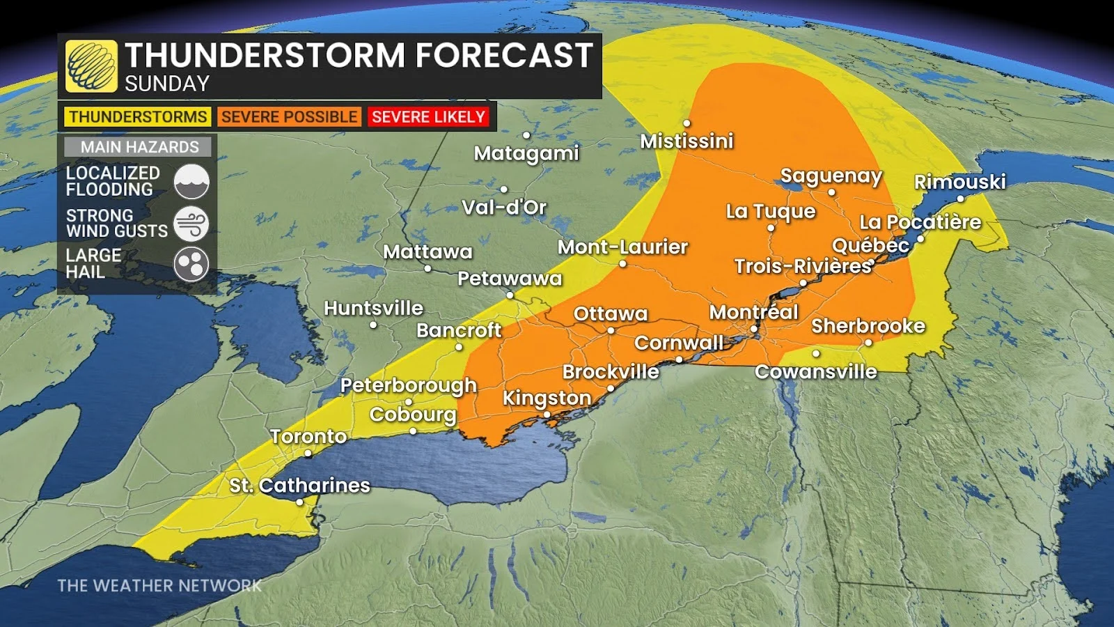 Ontario Quebec thunderstorm forecast Sunday