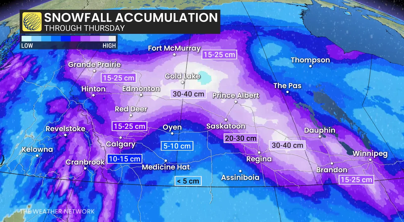 Prairies snowfall outlook through Thursday