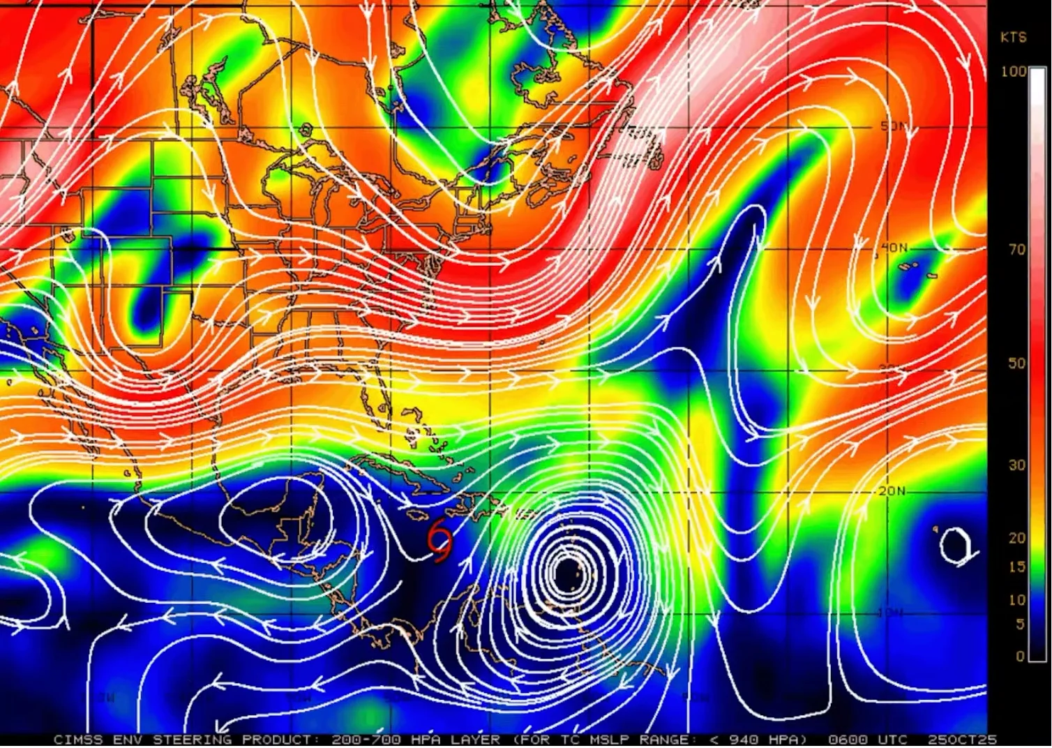 Cooperative Institute for Meteorological Satellite Studies/University of Wisconsin-Madison, CC BY-ND: Charts of high-level steering currents over five days, Oct. 23-27, 2025, show the influences that kept Hurricane Melissa (red symbol) in place for several days. The strong curving winds in red are the jet stream, which would help steer Melissa northeastward toward the open Atlantic. Cooperative Institute for Meteorological Satellite Studies/University of Wisconsin-Madison, CC BY-ND