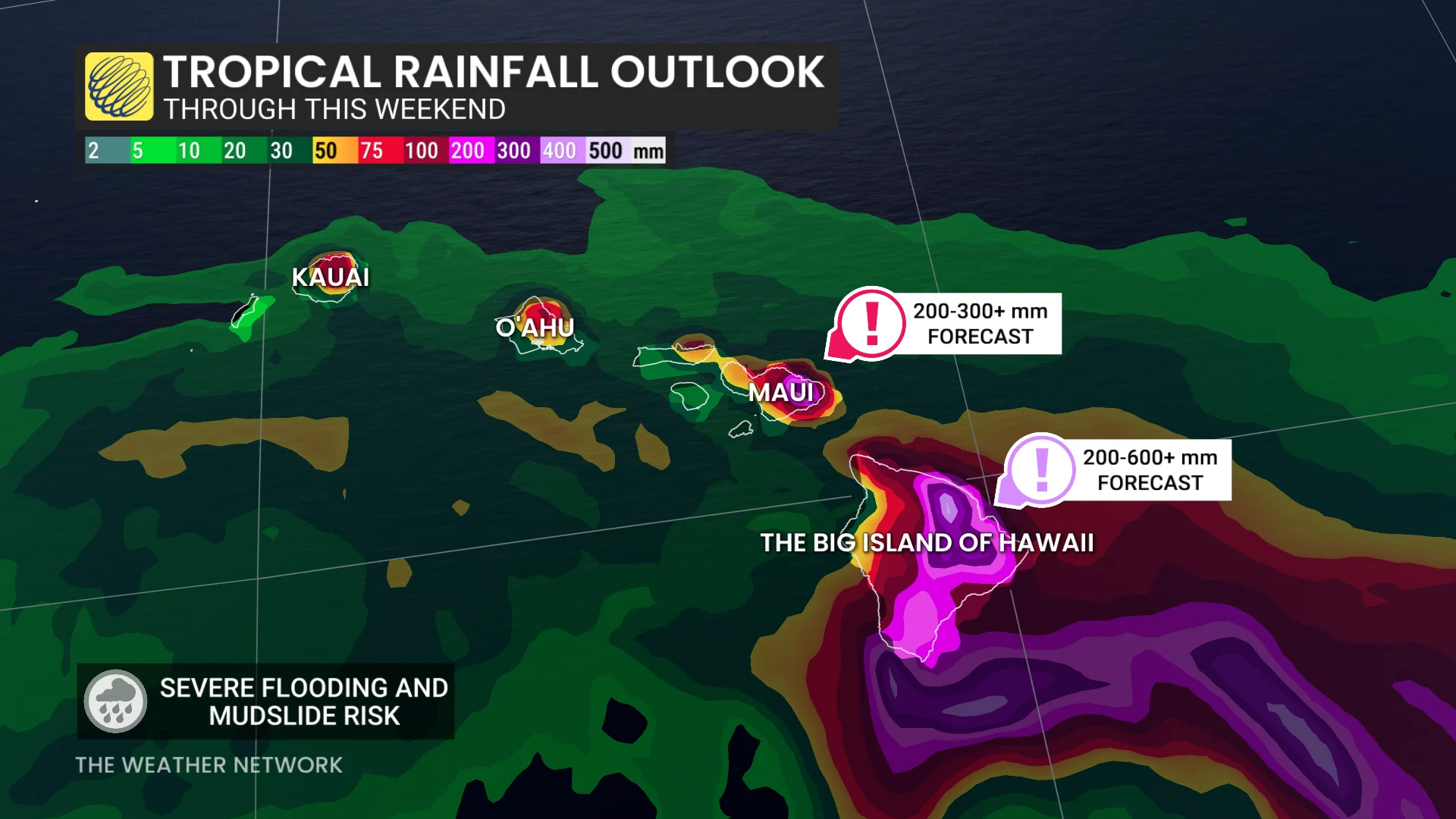 Tropical Storm Lala forecast rainfall across Hawaii - Aug. 14, 2026