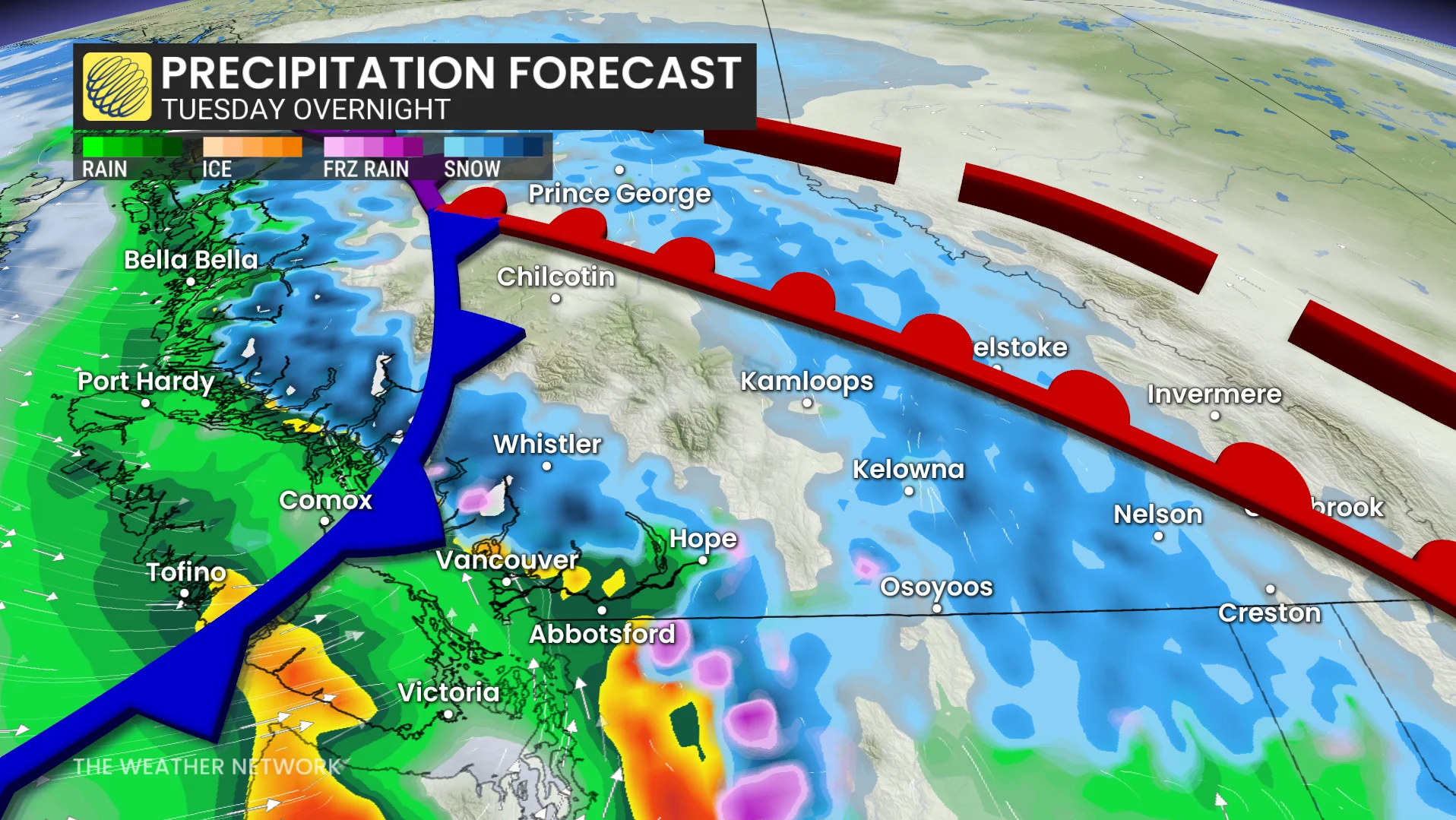 B.C. precipitation timing Tuesday night