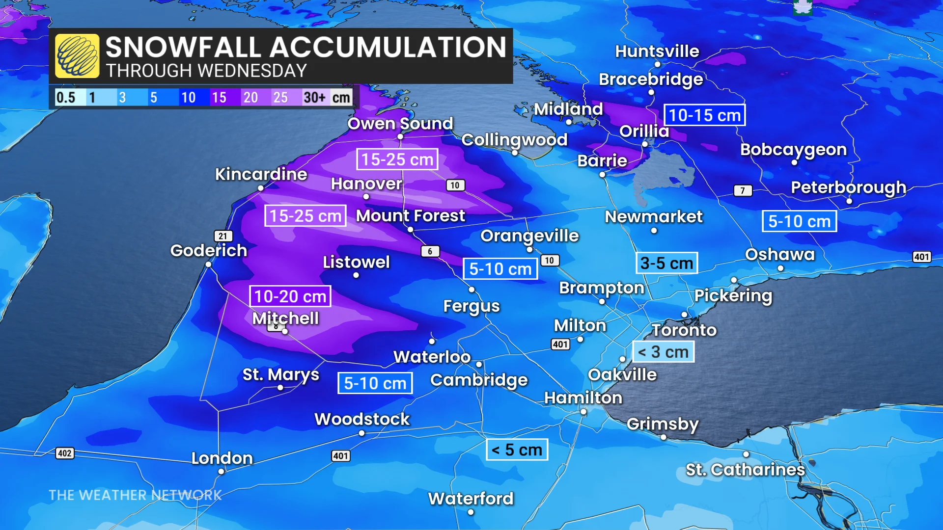 Ontario snowfall accumulation through Wednesday