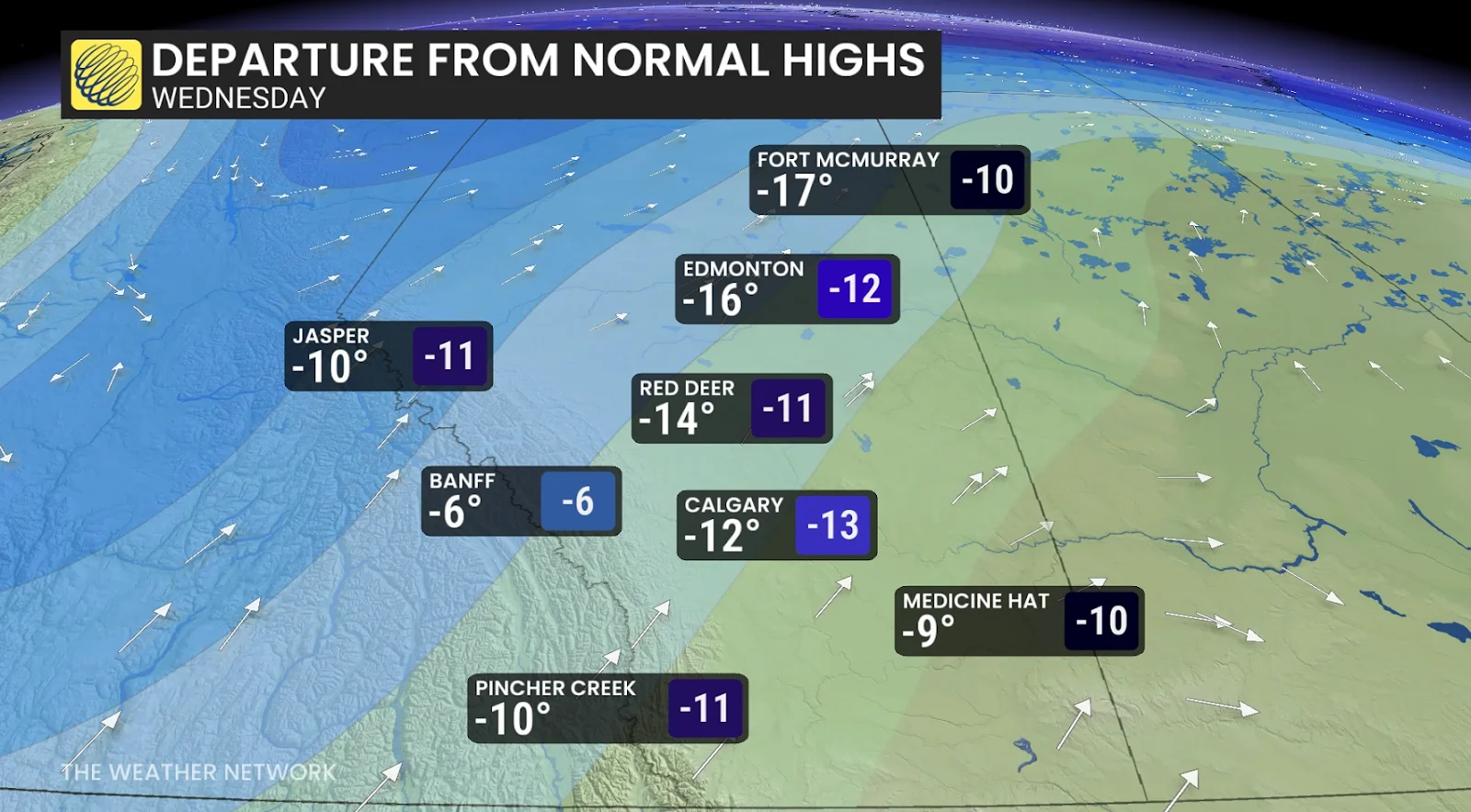 Alberta departure from normal highs Wednesday