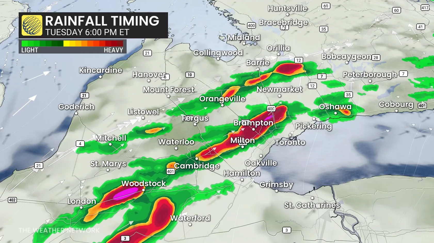 Southern Ontario crop precipitation timing Tuesday evening