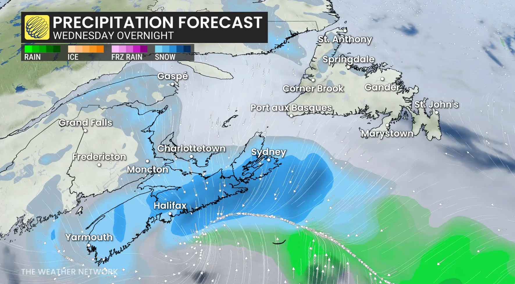 Atlantic Canada precipitation forecast Wednesday overnight