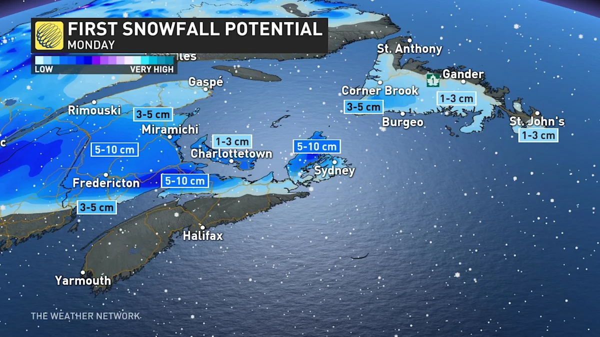 Noticeable chill moves into Atlantic Canada alongside first snowfall