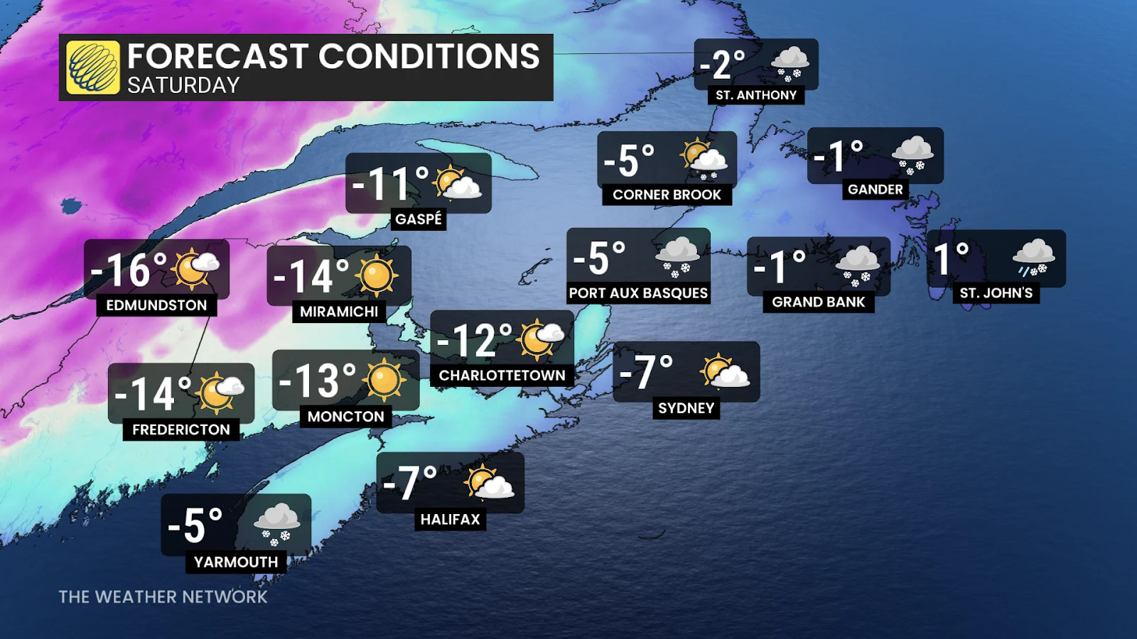 Saturday, Forecast, Newfoundland, Cold, Winter, Snowfall, Snow, January 02, 2026. (The Weather Network/Kevin Mackay)