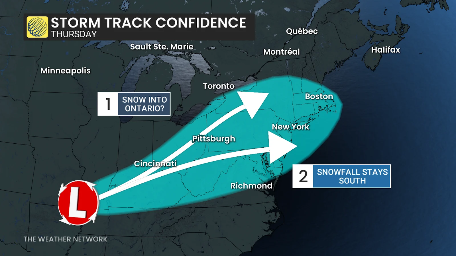 Eastern US Thursday potential storm track - Feb. 23, 2026
