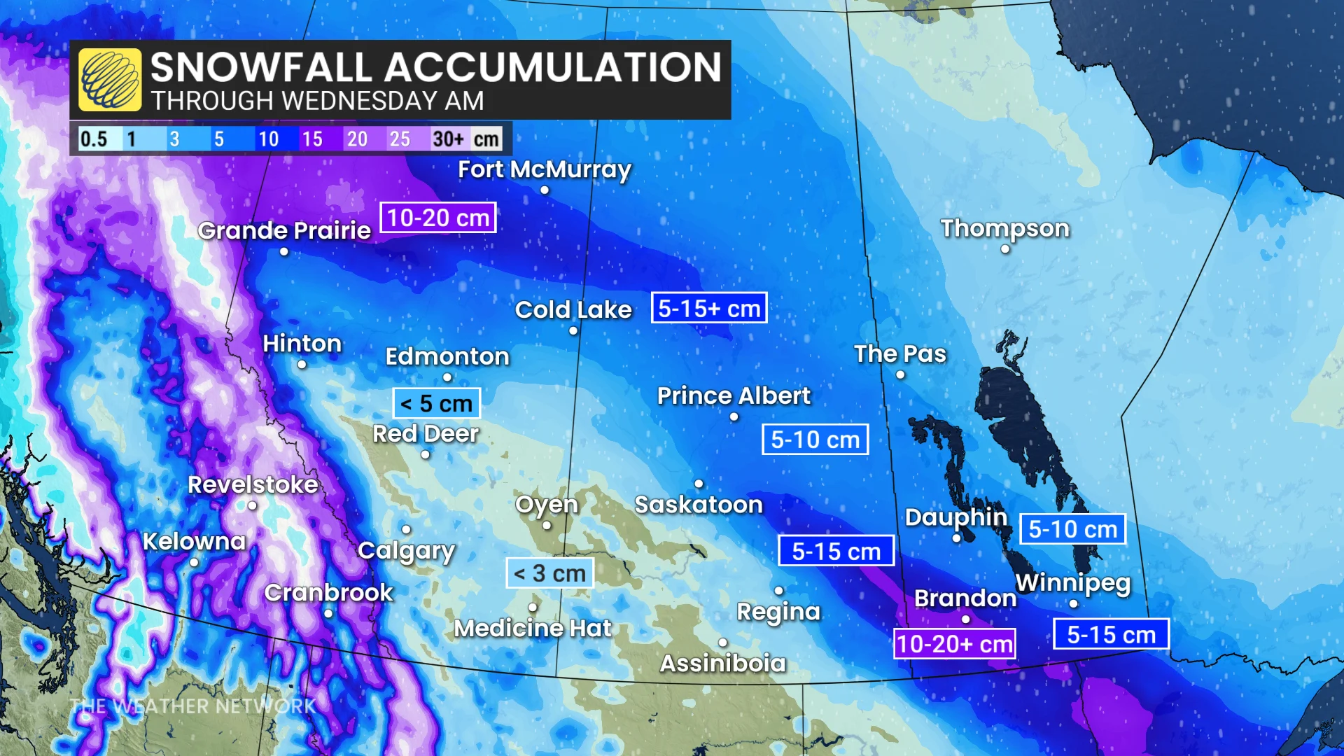 Prairies snowfall accumulation through Wednesday morning
